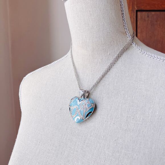 PJM Blue Enamel Heart Love Pendant Necklace CZ/Crystal Rhinestones Reversible - Picture 5 of 13